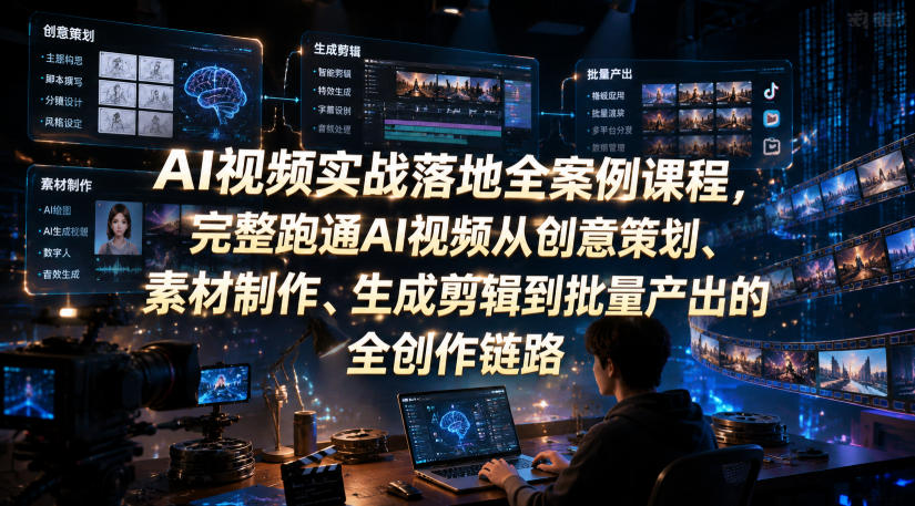 AI视频实战落地全案例课程,完整跑通AI视频从创意策划、素材制作、生成剪辑到批量产出的全创作链路-研习库