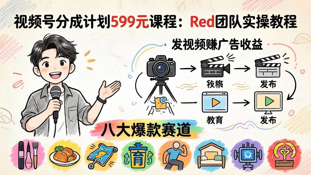 （18088期）视频号分成计划599元课程：Red团队实操教程，发视频赚广告收益，八大爆款赛道全掌握-研习库