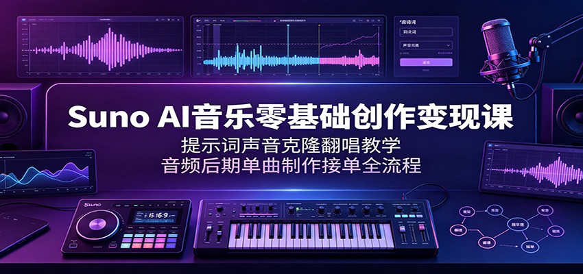 Suno AI音乐零基础创作变现课:提示词声音克隆翻唱教学,音频后期单曲制作接单全流程-研习库