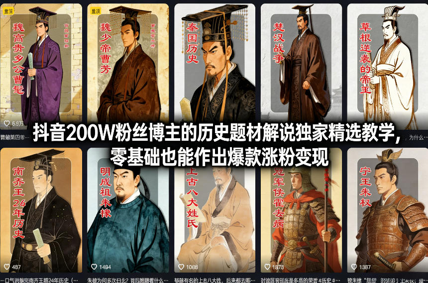 抖音200W粉丝博主的历史题材解说独家精选教学，零基础也能作出爆款涨粉变现-研习库
