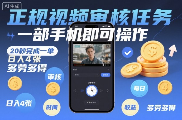 正规视频审核任务,一部手机即可操作,20秒完成一单,日入4张,多劳多得【揭秘】-研习库