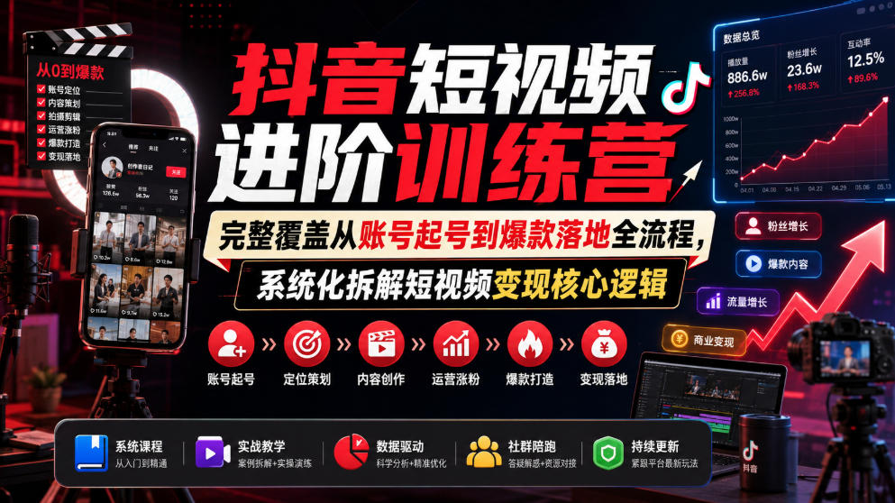 抖音短视频进阶训练营,完整覆盖从账号起号到爆款落地全流程,系统化拆解短视频变现核心逻辑-研习库