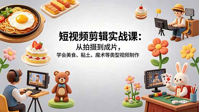 (18375期)短视频剪辑实战课:从拍摄到成片,学会美食、粘土、魔术等类型视频制作-研习库