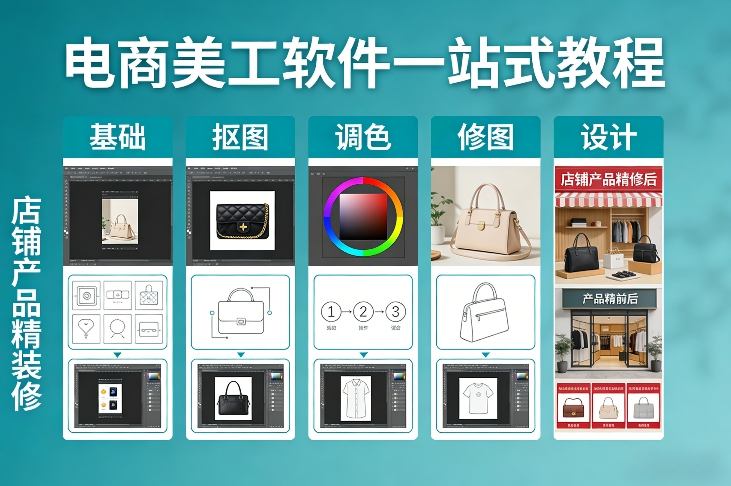 电商美工软件一站式教程，基础/抠图/调色/修图/设计，店铺产品精装修-研习库