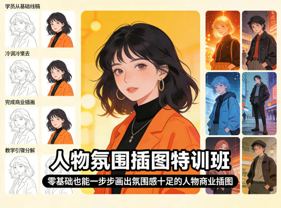 人物氛围插图特训班,零基础也能一步步画出氛围感十足的人物商业插图-研习库