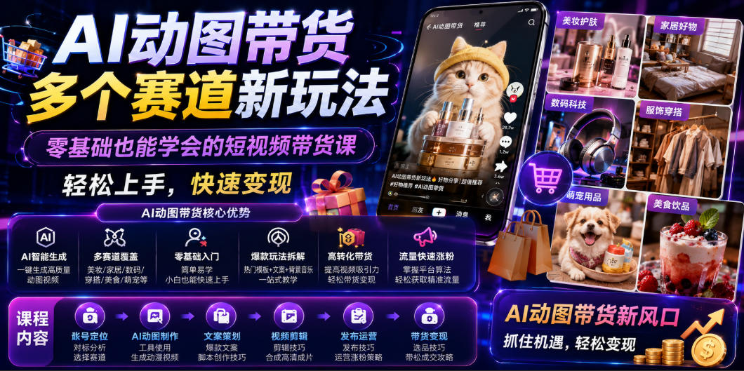 AI动图带货多个赛道新玩法，零基础也能学会的短视频带货课，轻松上手，快速变现-研习库