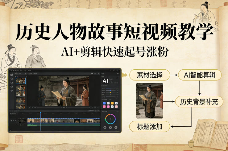 历史人物故事短视频教学，AI+剪辑制作历史人物题材短视频，快速起号涨粉-研习库