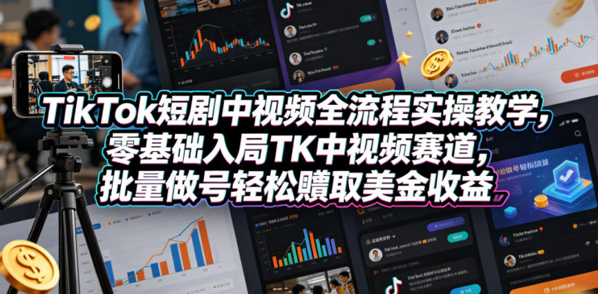 TikTok短剧中视频全流程实操教学,零基础入局TK中视频赛道,批量做号轻松賺取美金收益-研习库