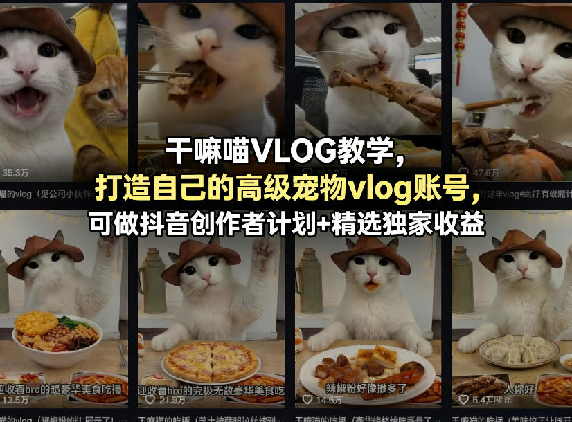 干嘛喵VLOG教学,打造自己的高级宠物vlog账号,可做抖音创作者计划+精选独家收益-研习库