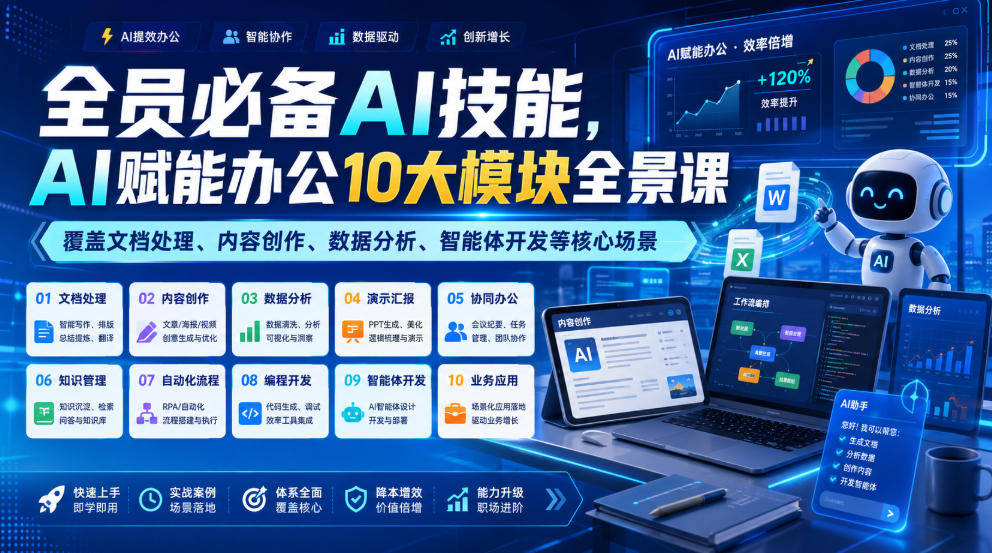 全员必备AI技能，AI赋能办公10大模块全景课，覆盖文档处理、内容创作、数据分析、智能体开发等核心场景-研习库