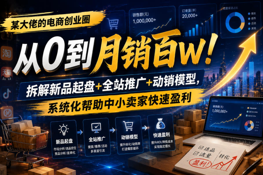 某大佬的电商创业圈从0到月销百W!拆解新品起盘+全站推广+动销模型,系统化帮助中小卖家快速盈利-研习库
