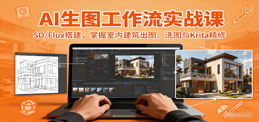 AI生图工作流实战课:SD/Flux搭建,掌握室内建筑出图、洗图与Krita精修-研习库