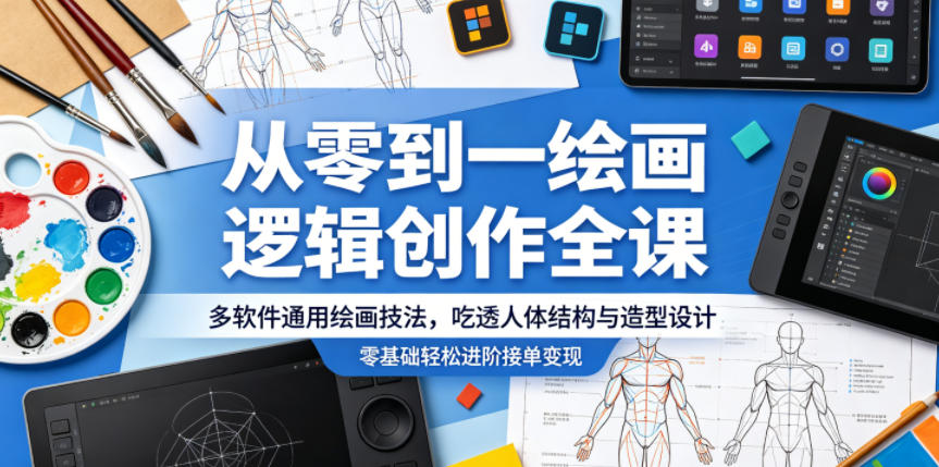 从零到一绘画逻辑创作全课，多软件通用绘画技法，吃透人体结构与造型设计，零基础轻松进阶接单变现-研习库
