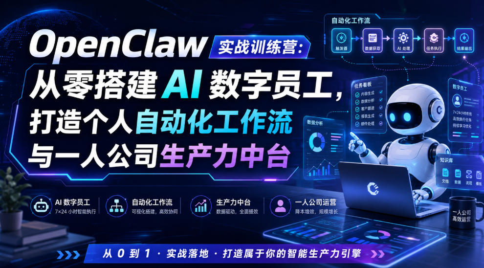 OpenClaw实战训练营:从零搭建AI数字员工,打造个人自动化工作流与一人公司生产力中台-研习库