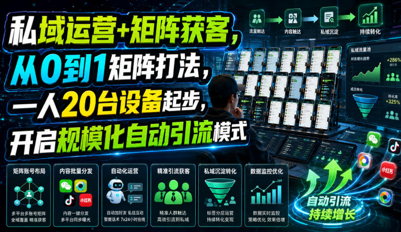 私域运营+矩阵获客，从0到1矩阵打法，一人20台设备起步，开启规模化自动引流模式！-研习库