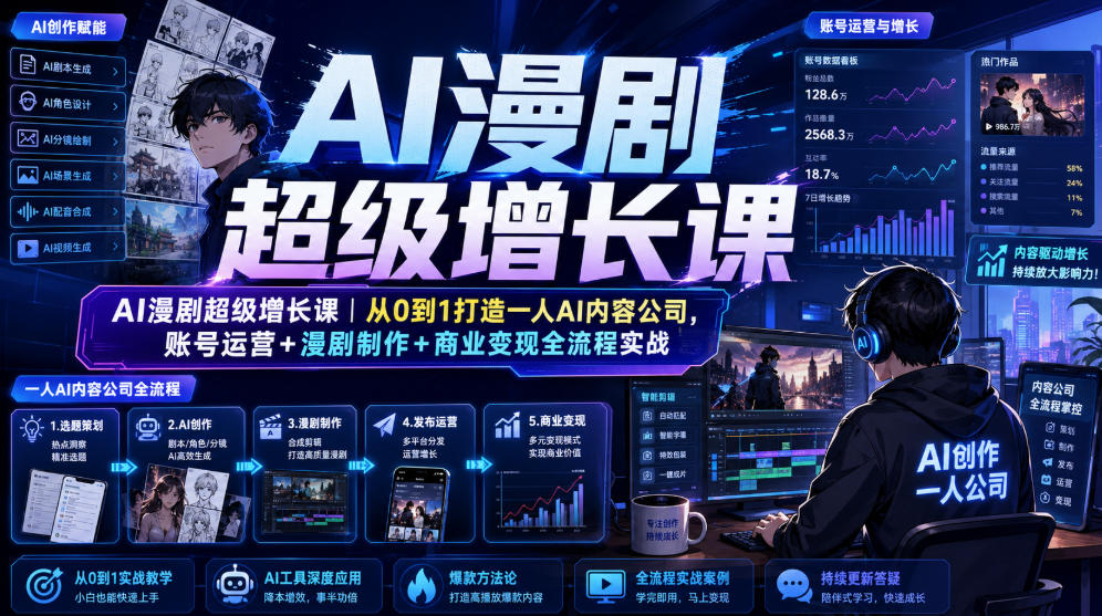 AI漫剧超级增长课|从0到1打造一人AI内容公司,账号运营+漫剧制作+商业变现全流程实战-研习库