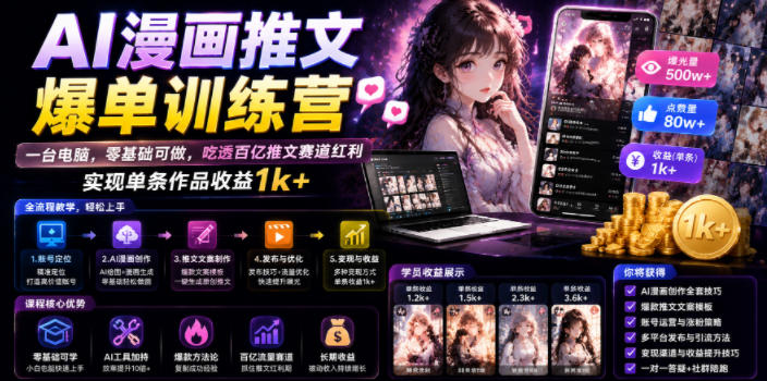 AI漫画推文爆单训练营,一台电脑,零基础可做,吃透百亿推文赛道红利,实现单条作品收益1k+-研习库