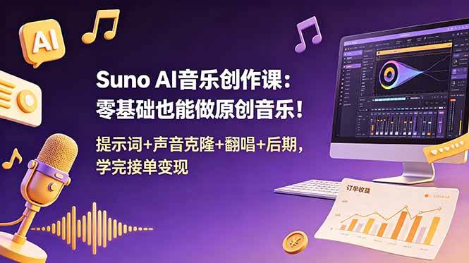 (18945期) Suno AI音乐创作课:零基础也能做原创音乐!提示词+声音克隆+翻唱+后期,学完接单变现-研习库