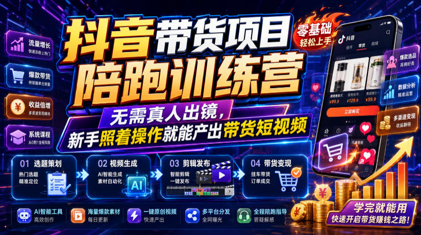 抖音带货项目陪跑训练营,无需真人出镜,新手照着操作就能产出带货短视频-研习库