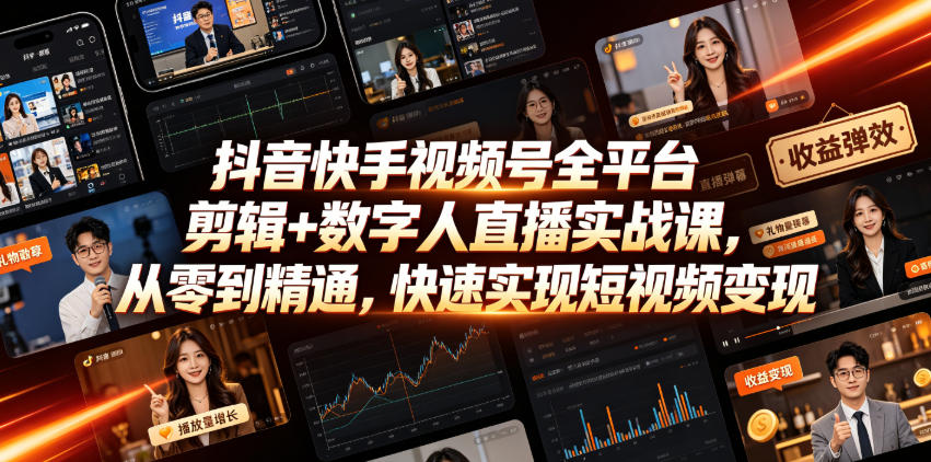 抖音快手视频号全平台剪辑+数字人直播实战课,从零到精通,快速实现短视频变现(更新2026年6月)-研习库