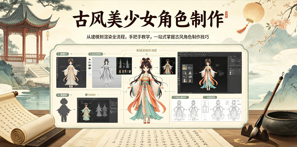 古风美少女角色制作,从建模到渲染全流程,手把手教学,一站式掌握古风角色制作技巧-研习库