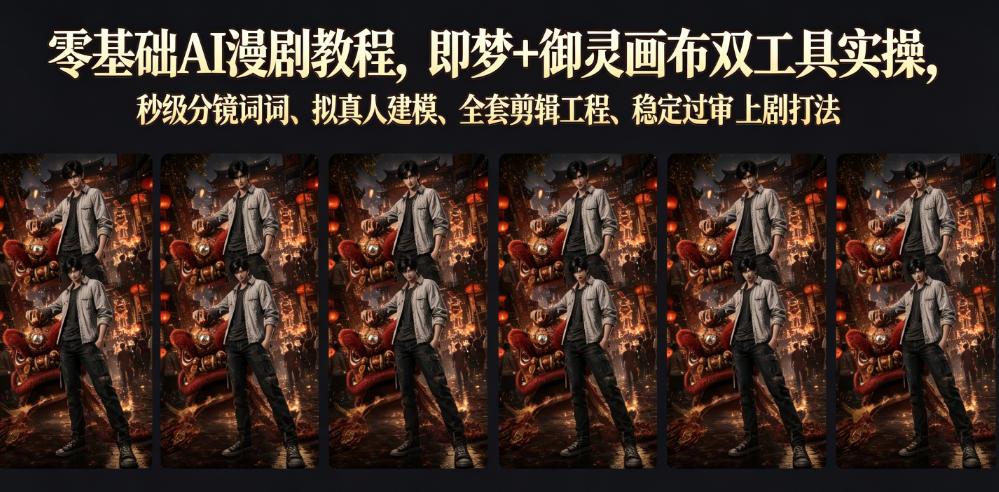 零基础AI漫剧教程,即梦+御灵画布双工具实操,秒级分镜提示词、拟真人建模、全套剪辑工程、稳定过审上剧打法-研习库
