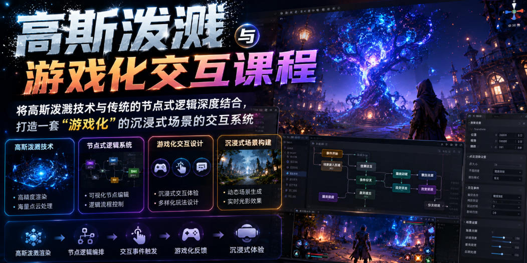 高斯泼溅与游戏化交互课程，将高斯泼溅技术与传统的节点式逻辑深度结合，打造一套“游戏化”的沉浸式场景的交互系统-研习库