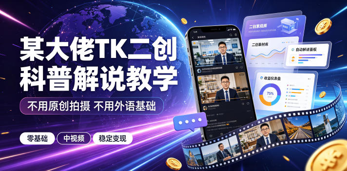 某大佬TK二创科普解说教学,不用原创拍摄不用外语基础,零基础做TikTok中视频稳定变现-研习库