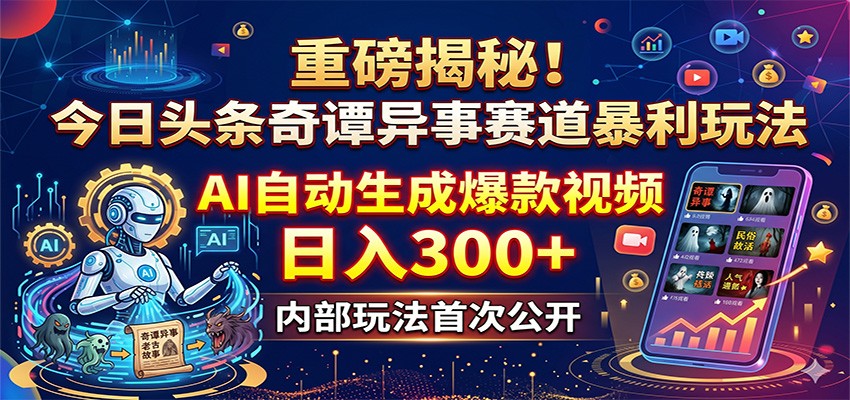 重磅揭秘!今日头条奇谭异事赛道暴利玩法:AI自动生成爆款视频,日入300+-研习库