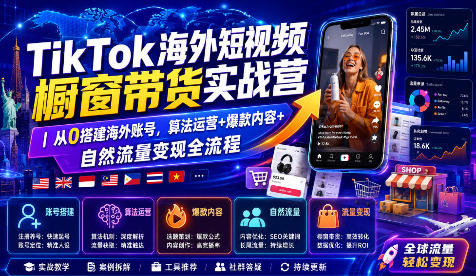 TikTok海外短视频橱窗带货实战营｜从0搭建海外账号，算法运营+爆款内容+自然流量变现全流程-研习库