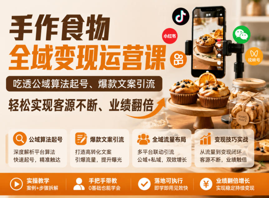 手作食物全域变现运营课,吃透公域算法起号、爆款文案引流,轻松实现客源不断、业绩翻倍-研习库