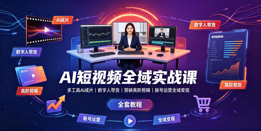 AI短视频全域实战课｜多工具AI成片、数字人带货、剪映高阶剪辑、账号运营全域变现全套教程-研习库