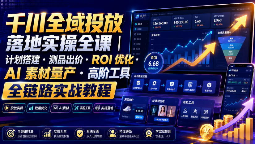 千川全域投放落地实操全课|计划搭建・测品出价・ROI优化・AI素材量产・高阶工具全链路实战教程-研习库