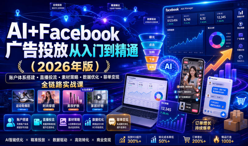AI+Facebook广告投放从入门到精通(2026年版)|账户体系搭建・直播投流・素材策略・数据优化・聊单变现全链路实战课-研习库